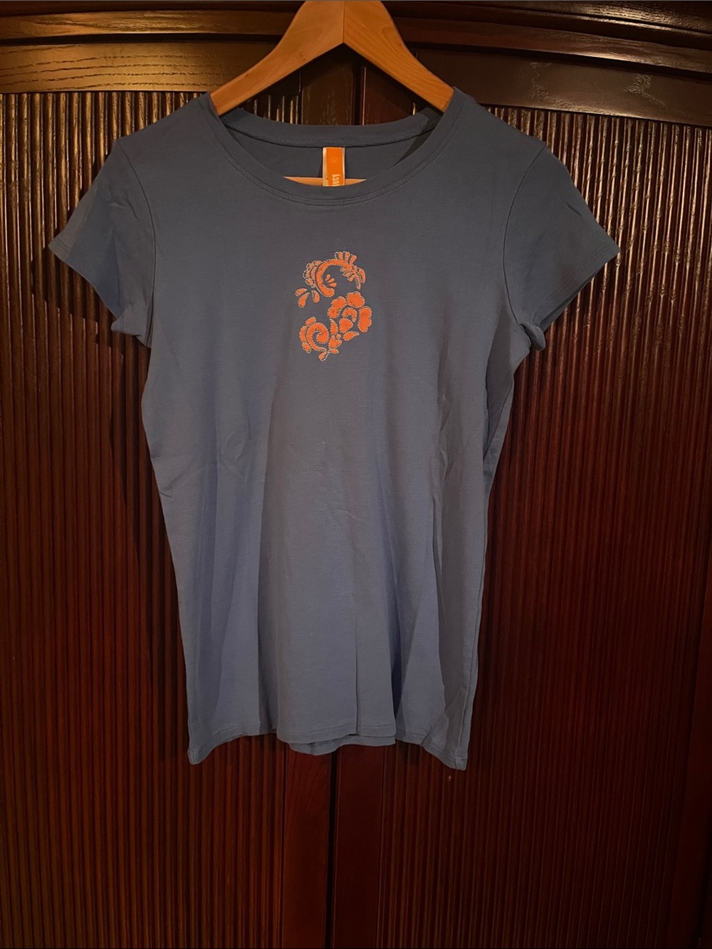 Lucy Blue Short Sleeve Tee with Small Orange Logo
